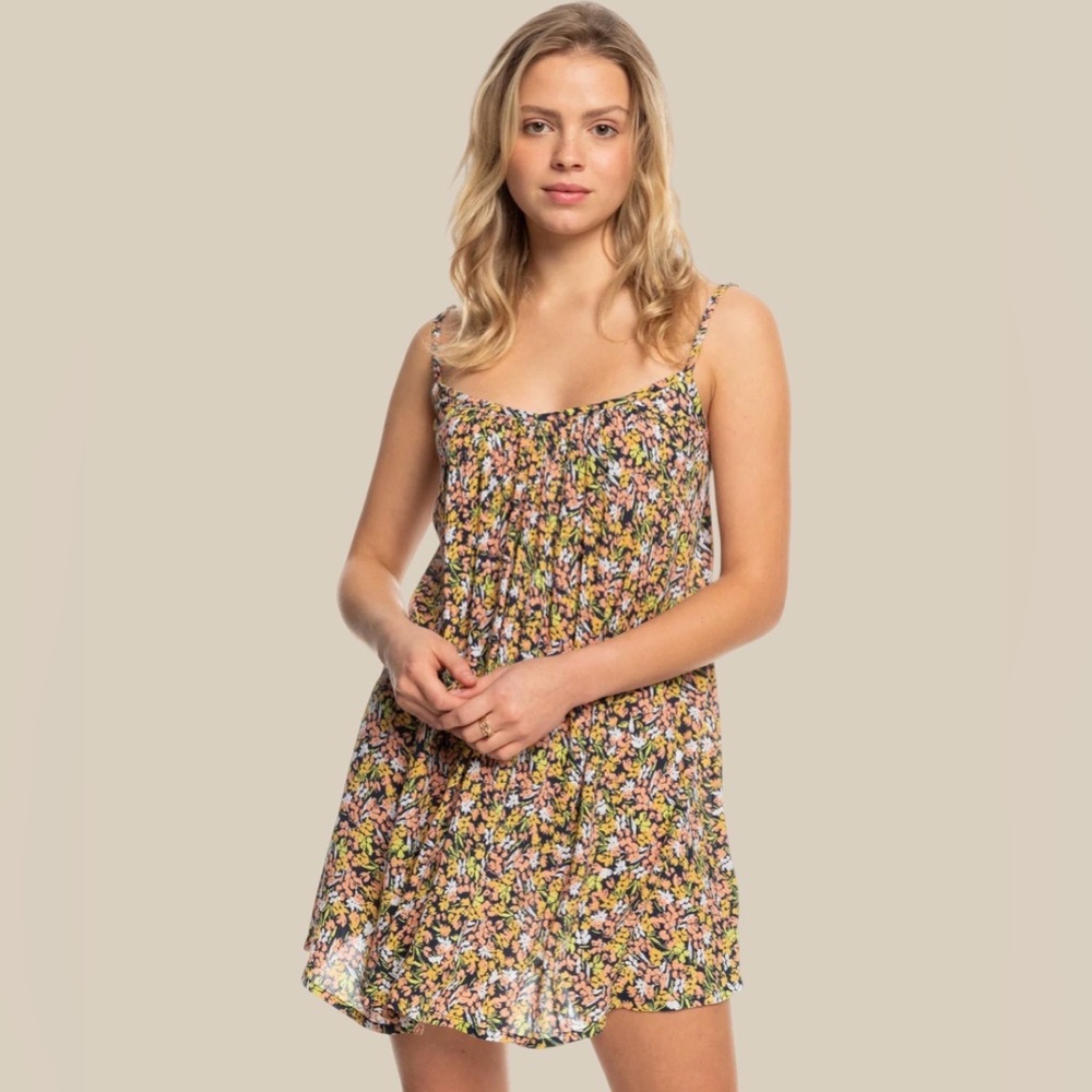 Roxy Women’s Summer Adventures Mini Tank Dress Floral Navy Coral Yellow V Neck M